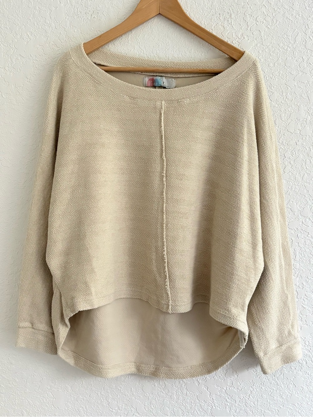Free People Beach Slouchy Boho Top M Herringbone Cotton Loop Tan Beige Greige